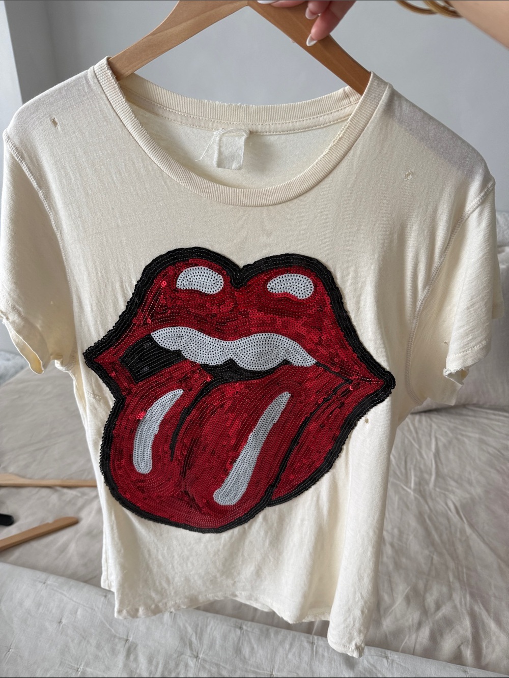 MadeWorn Cream Graphic Tee with Red Sequin Tongue Patch